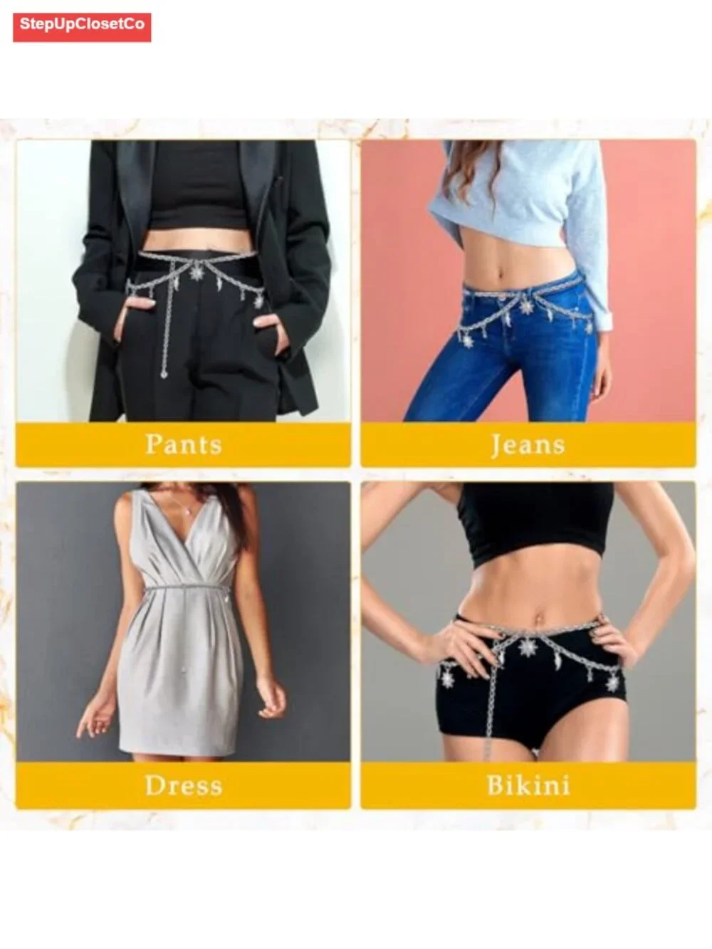 Double Layer Metal Chain Belt with Moon Star Pendant Waist Chain for Women
